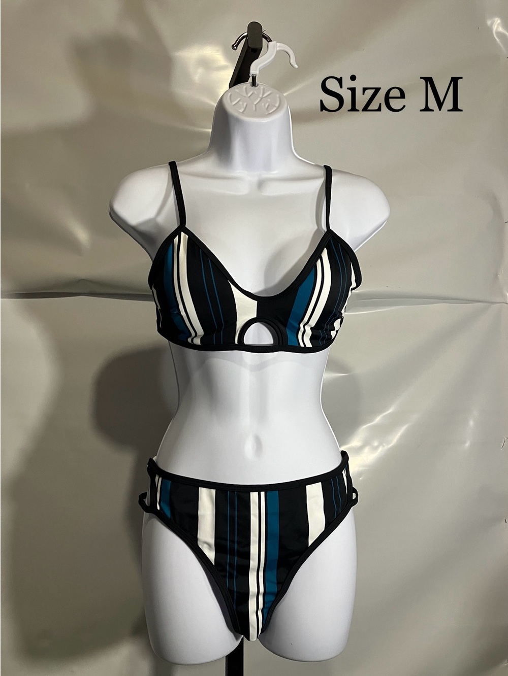 Women’s Striped Black & Teal Women's Bikini Set - Size M